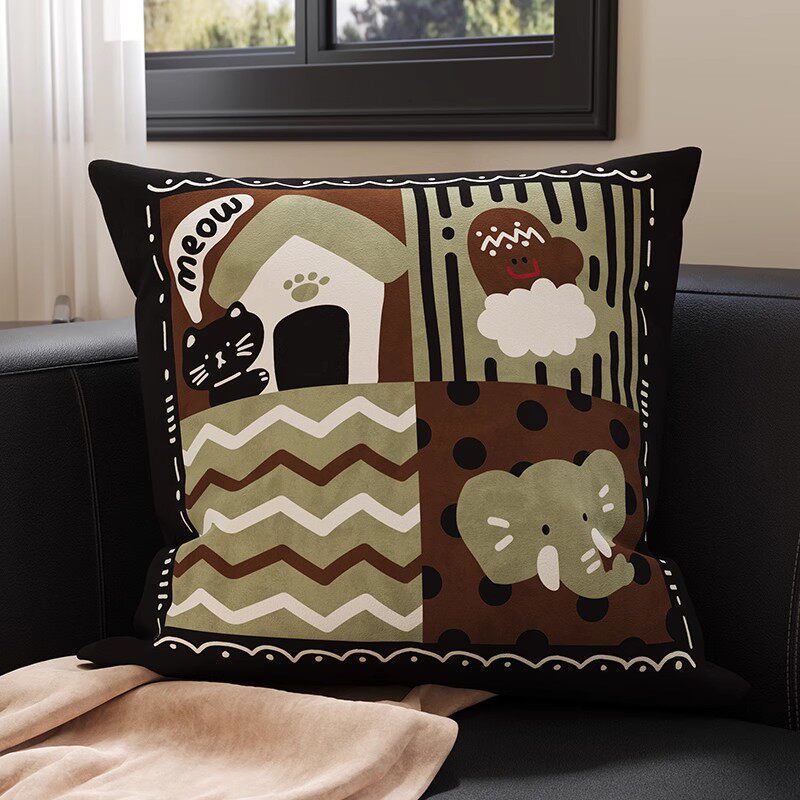 Plush Square Throw Pillow Cover with Happy Kitten Print and Hidden Zipper