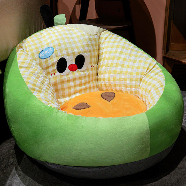 Padded baby seat cushion with ergonomic head and back support in apple design