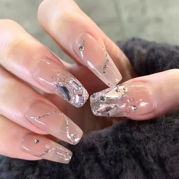 Premium Long Coffin Press-On Nails with Rhinestone Accents