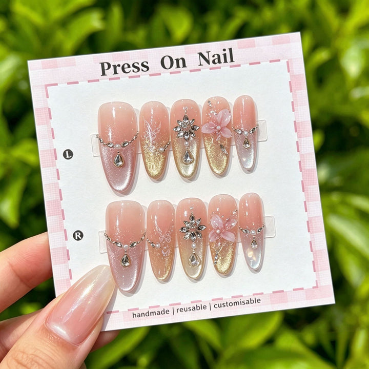 Artistic Press-On Nail Art Set with Star and Floral Accents