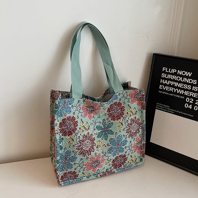 Floral Embroidered Tapestry Tote Bag