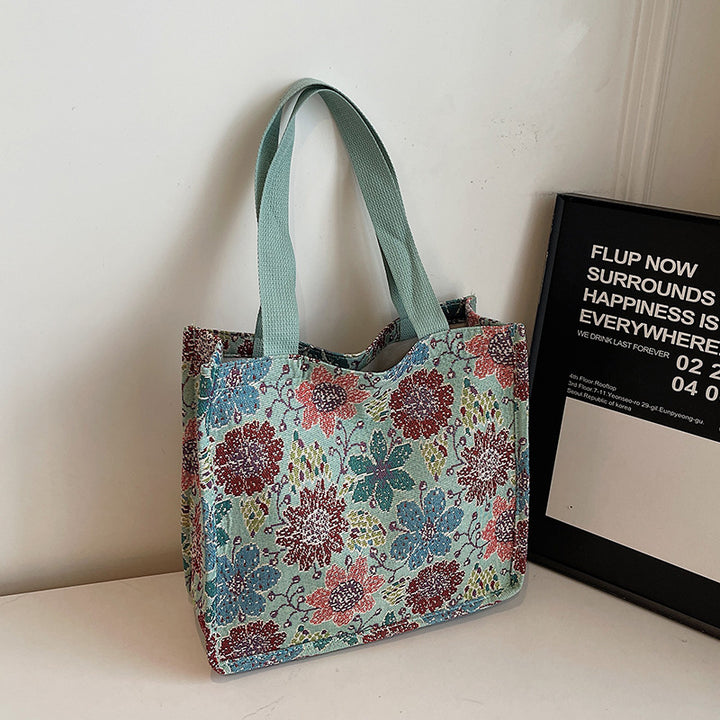 Floral Embroidered Tapestry Tote Bag