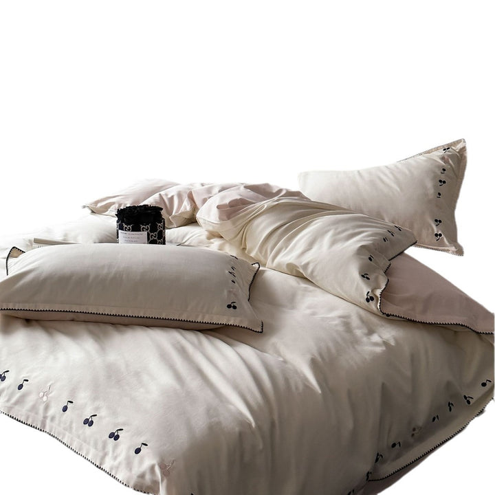 Luxurious cotton satin bedding set with subtly embroidered cherries