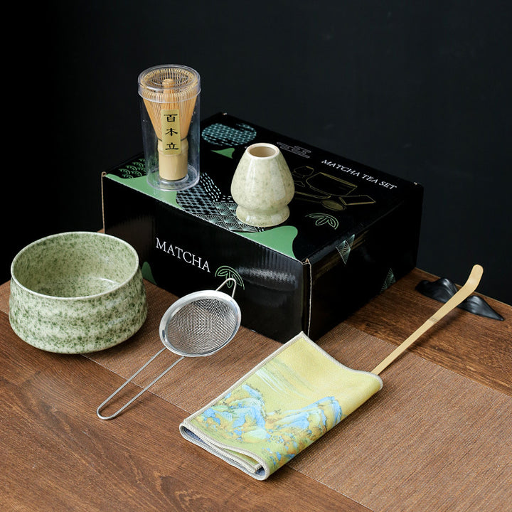 Traditional Japanese-Style Ceramic Matcha Tea Set With Bamboo Chasen Whisk Porcelain Matcha Bowl Brass Chashaku Scoop And Ceramic Whisk Holder