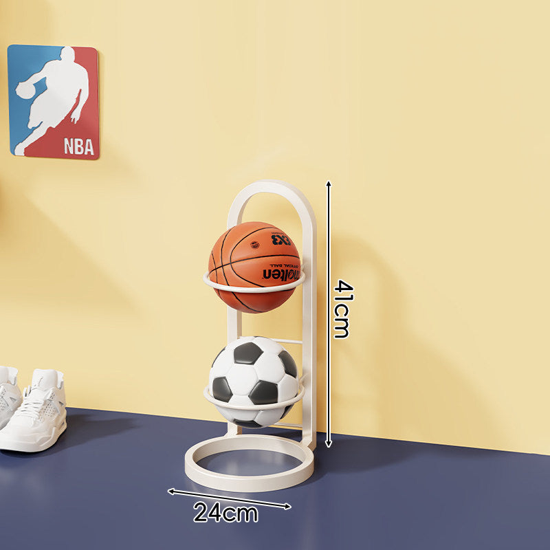 Vertical Sports Ball Storage Rack with Four Hoop Holders and Slim Metal Frame