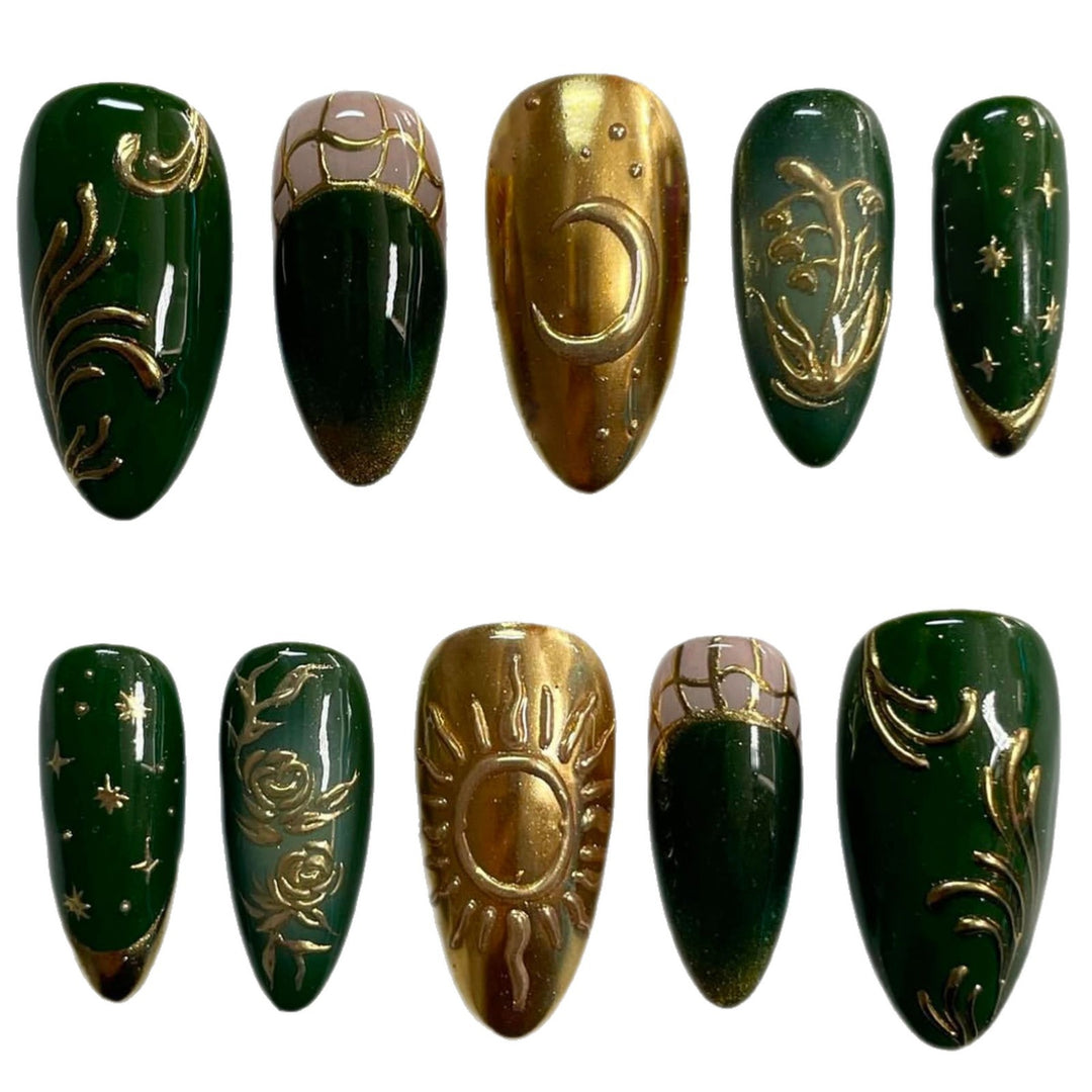 Artistic Press-On Nail Art Set with Celestial and Floral Designs Kalsten