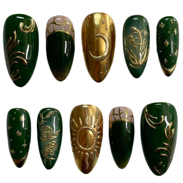 Artistic Press-On Nail Art Set with Celestial and Floral Designs Kalsten
