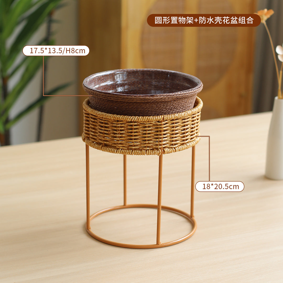 Unisex Modern Plant Stand with Woven Basket and Metal Frame Kalsten