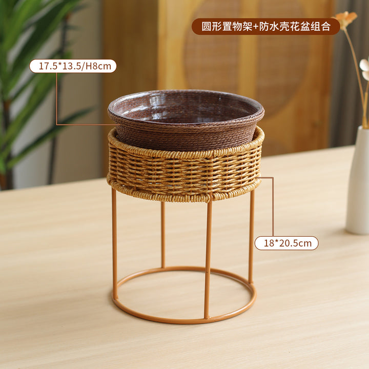 Unisex Modern Plant Stand with Woven Basket and Metal Frame Kalsten