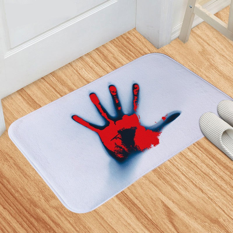 Horror-Themed Non-Slip Memory Foam Bath Mat With Graphic Handprint And Footprint Design