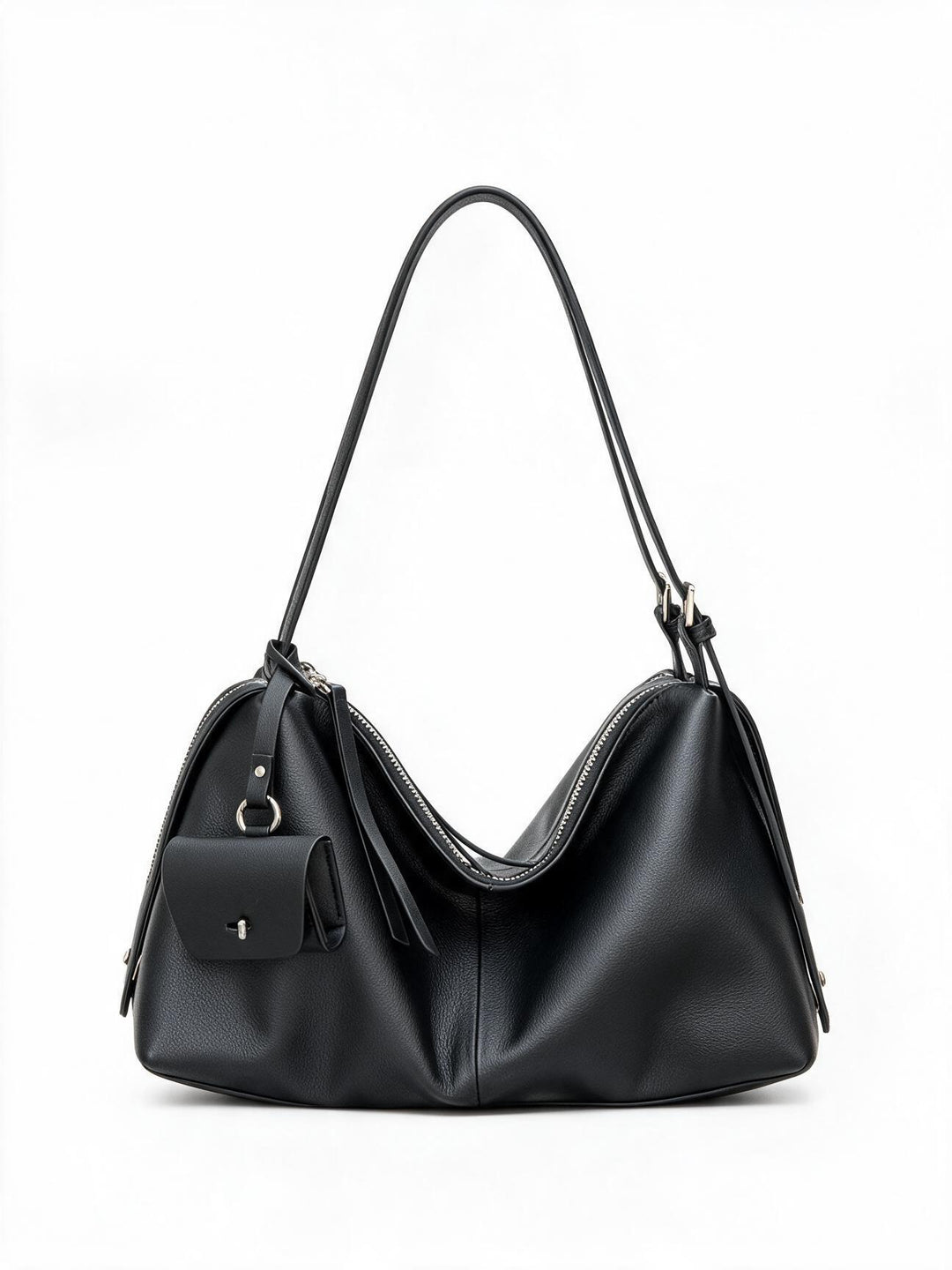 Slouchy Pebbled Hobo Shoulder Bag with Top Zip and Detachable Mini Pouch