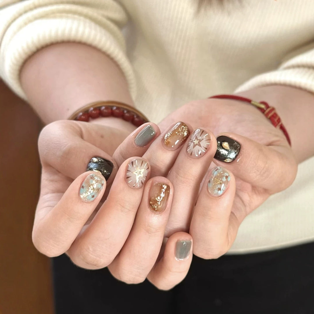 Artistic Press-On Nail Set with 3D Floral Accents