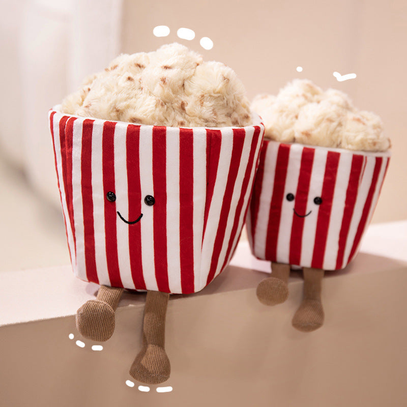 Kawaii Popcorn Box Plush Toy with Fuzzy Popcorn Top and Dangling Knit Legs Kalsten
