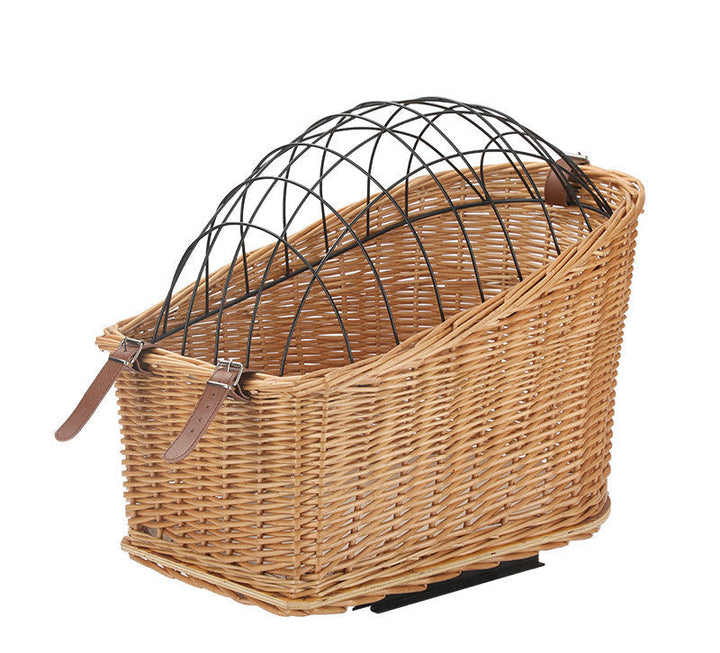 front-mount wicker bicycle pet carrier basket with foldable metal safety dome and adjustable leather buckle straps Kalsten