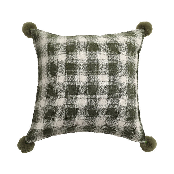 Square living decorative pillow with woven check structure and pom-pom corners