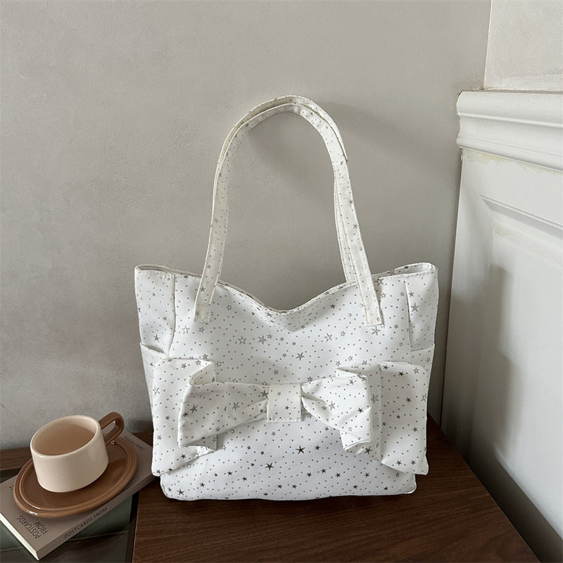 Bow-Embellished Star-Pattern Tote Bag