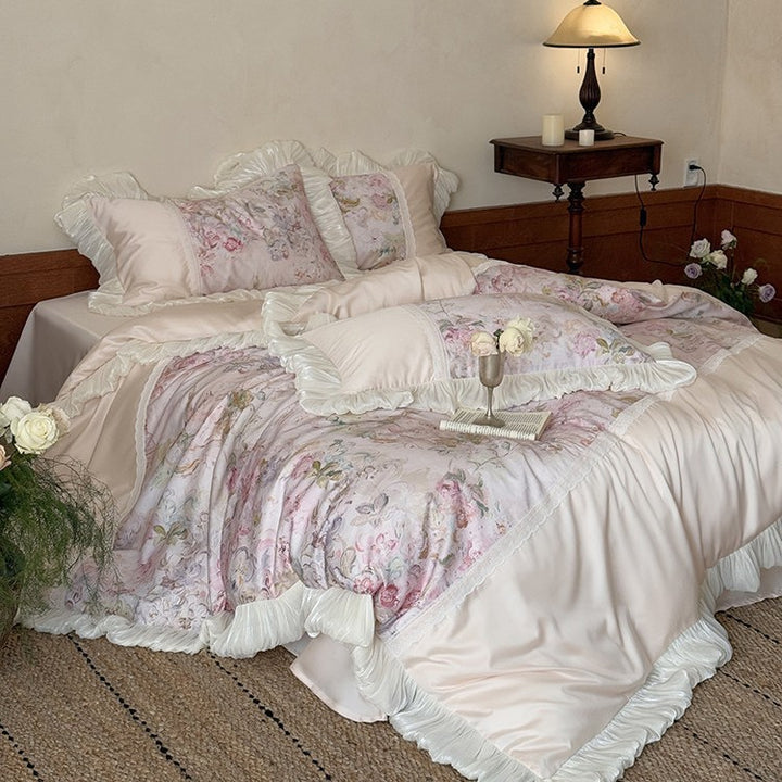 Luxury bed set with pleated ruffle, lace trim and floral watercolor print
