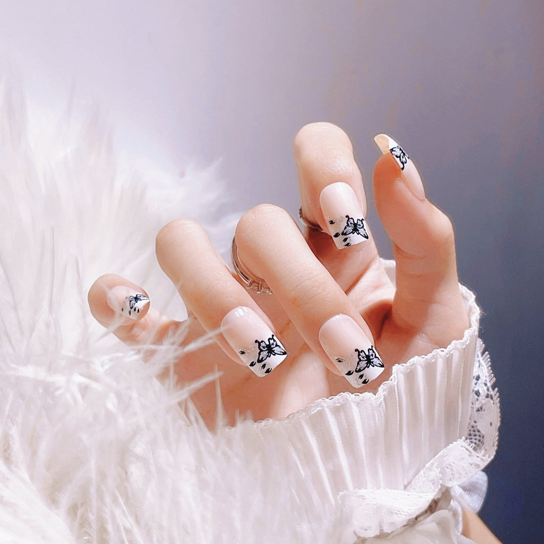 Artistic Press-On Nail Set with Butterfly Designs