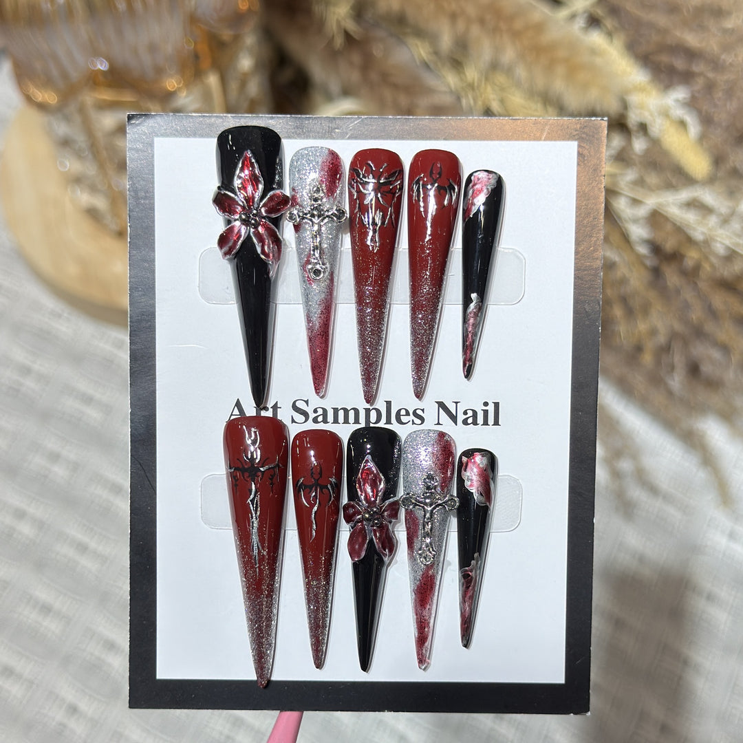 Artistic Stiletto Press-On Nail Set with Unique Gothic Design Elements Kalsten