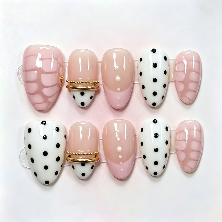 Artistic Press-On Nail Set with Polka Dots and Metallic Accents
