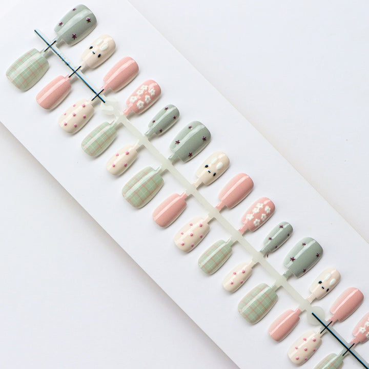 Artistic Press-On Nail Set with Floral and Geometric Designs
