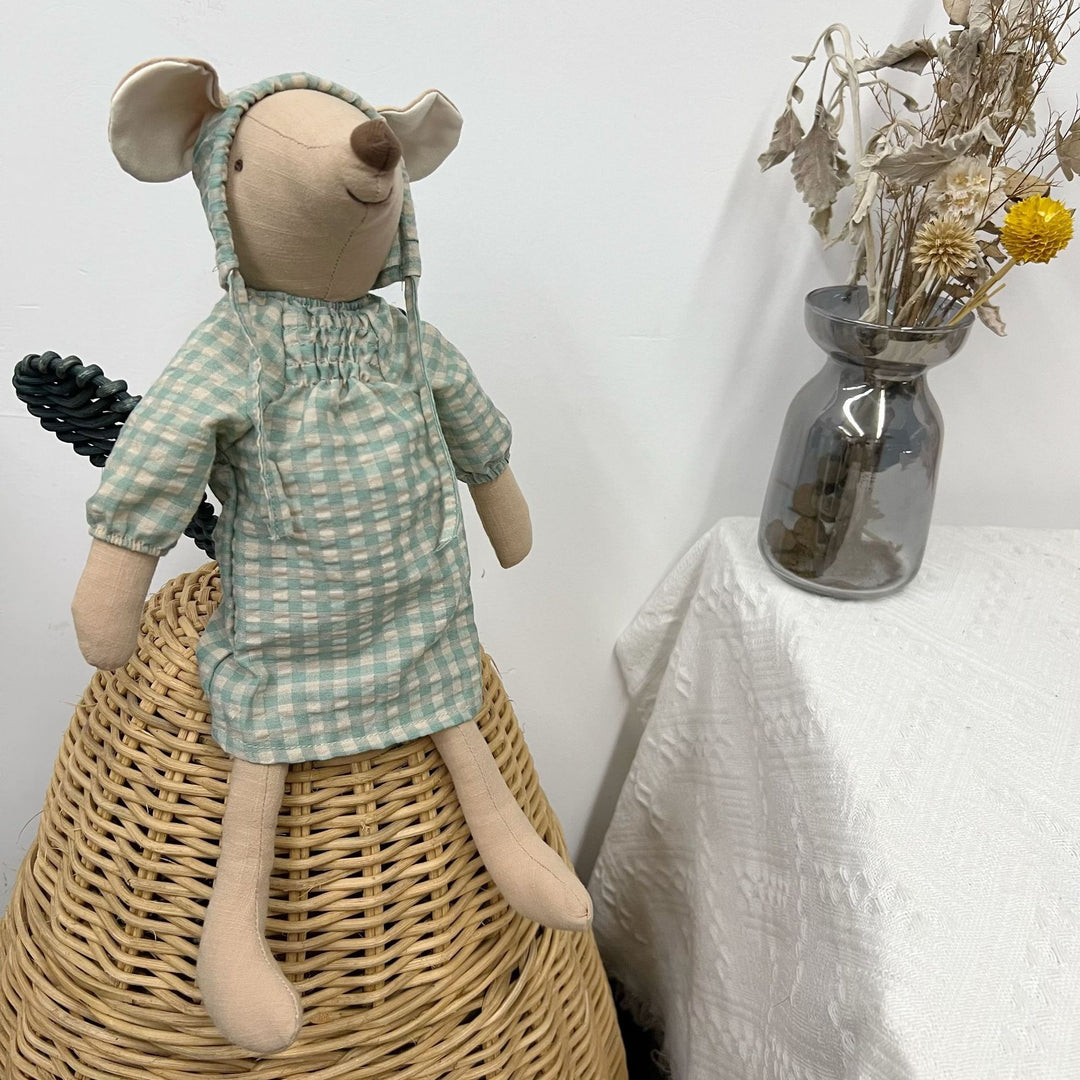 Handmade Linen Long-Leg Bunny Soft Toy with Embroidered Overalls