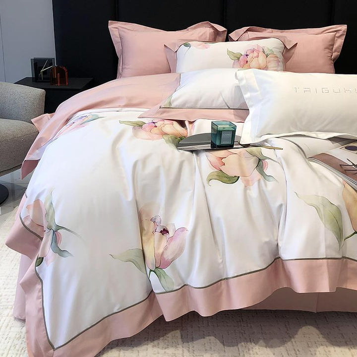 Premium Satin Duvet Cover Set with Delicate Watercolor Floral Print and Elegant Ruffle Edge