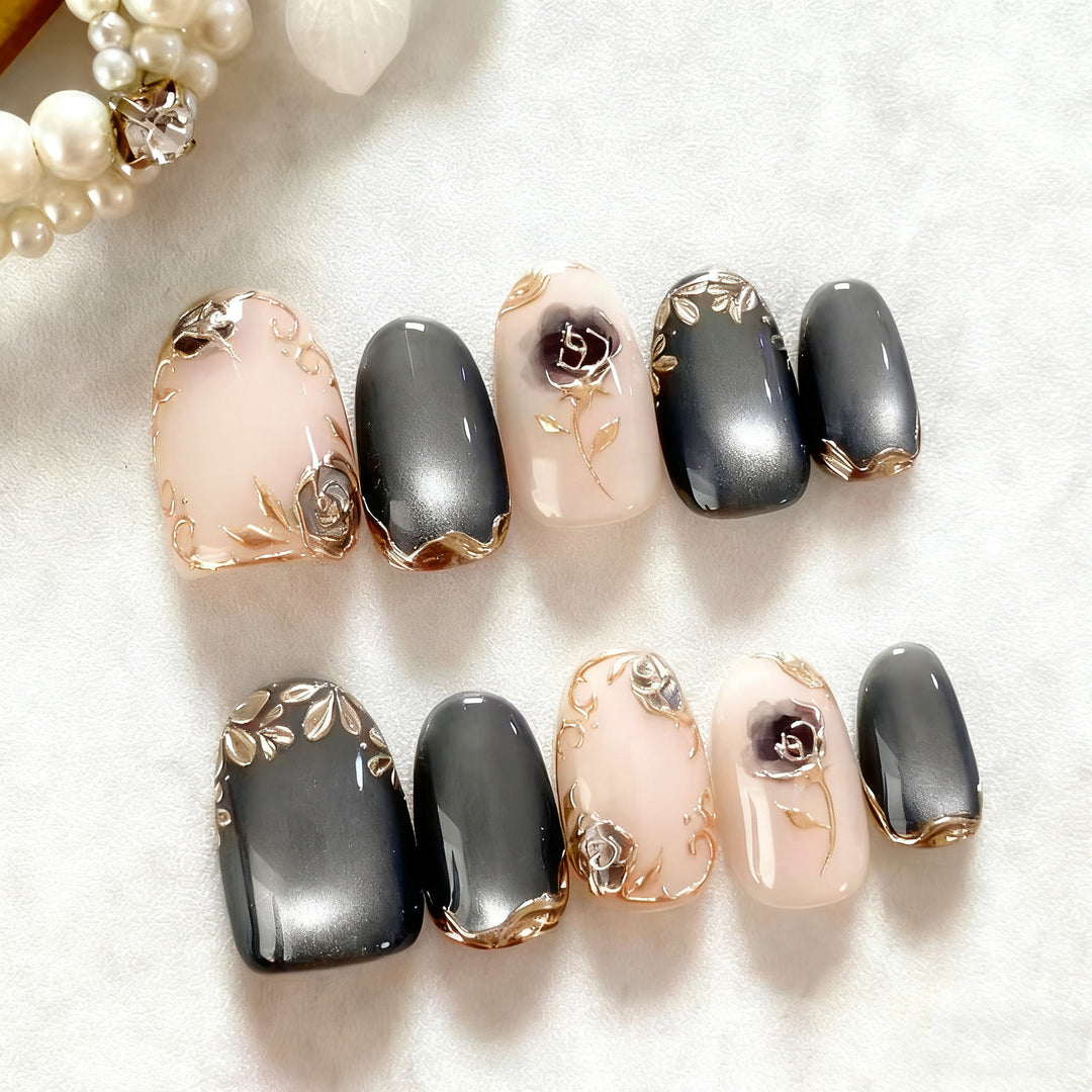 Ornate Press-On Nail Art Set with Gold Floral Accents