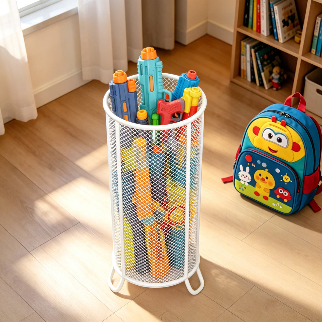 Cylindrical Mesh Umbrella Stand with Elevated Legs and Drain Tray
