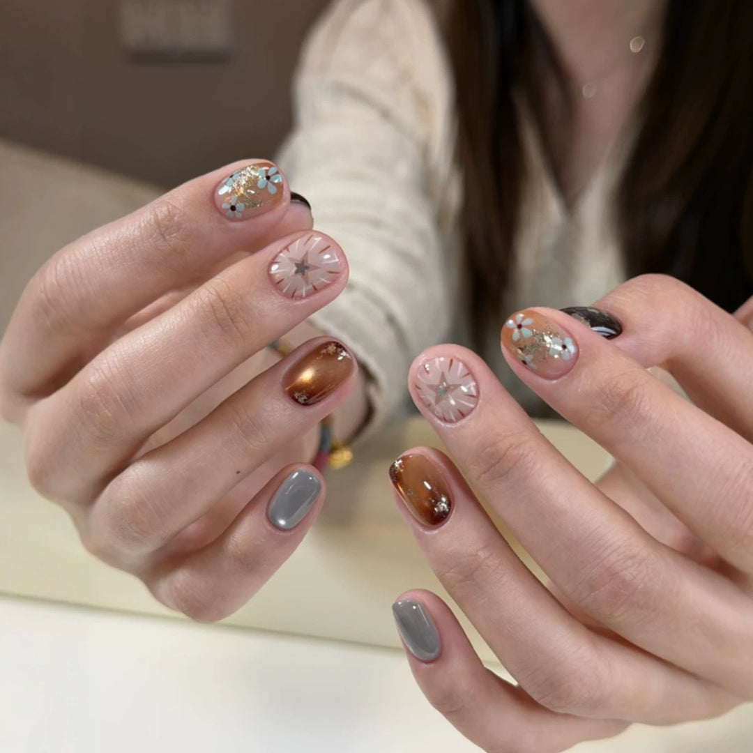 Artistic Press-On Nail Set with 3D Floral Accents