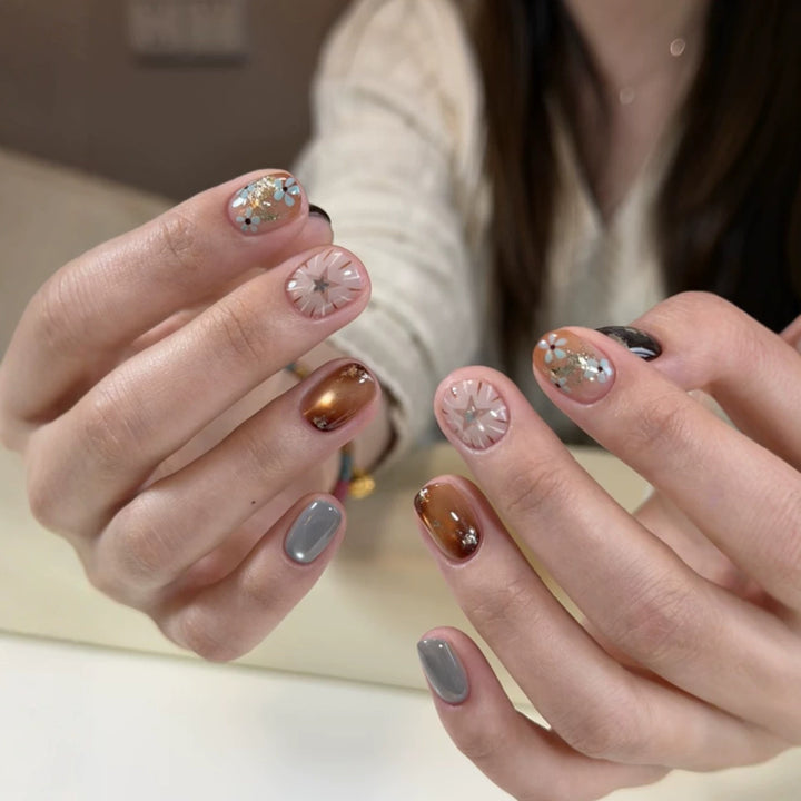Artistic Press-On Nail Set with 3D Floral Accents