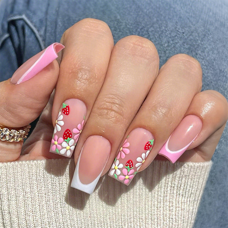 Artificial nail set with colorful flowers and creative French design Kalsten