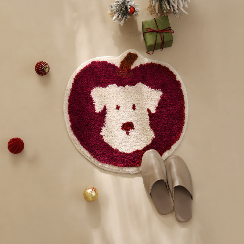 Round tufted floor mat rug in apple shape with dog face and non-slip underside