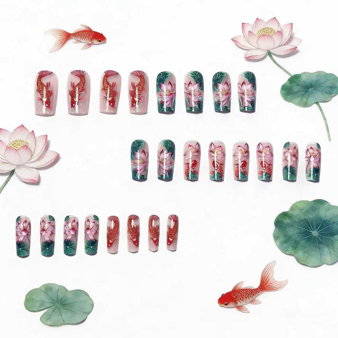 Artificial nails with floral lotus elements and koi pattern Kalsten