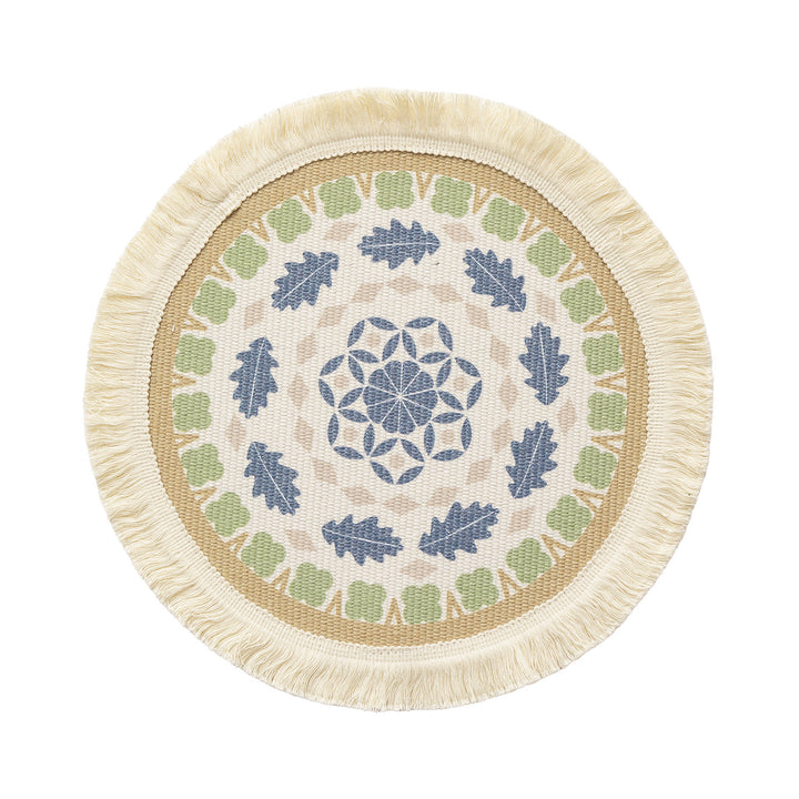 Round handmade woven decorative rug with fringes and botanical pattern Kalsten