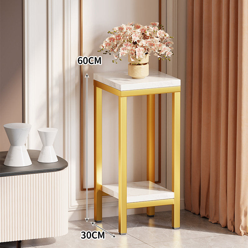 Tall Narrow Marble-Top Plant Stand Side Table with Lower Shelf and Gold Metal Frame