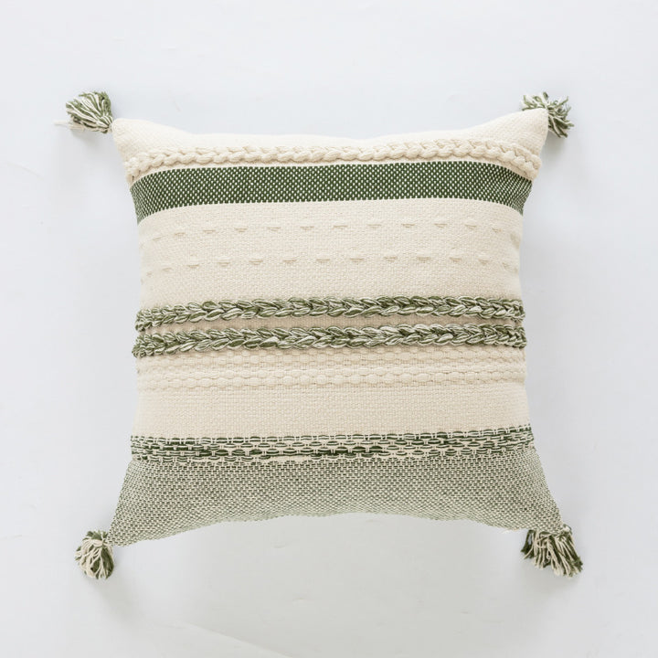 Coastal-Inspired Woven Cotton Square Accent Pillow with Braided Rope Bands and Corner Tassels