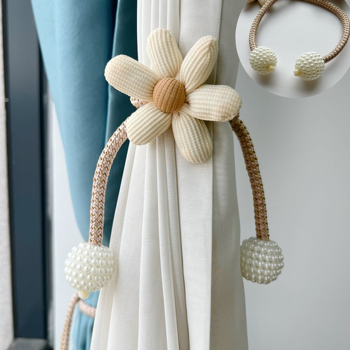 Decorative Magnetic Curtain Tieback with Fabric Flower and Pearl Bead Tassels