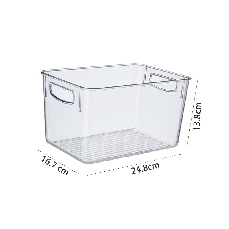 Transparent stackable storage compartment made of shatterproof acrylic with grip cutouts