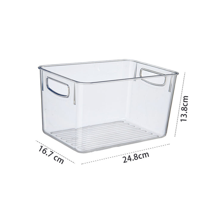Transparent stackable storage compartment made of shatterproof acrylic with grip cutouts