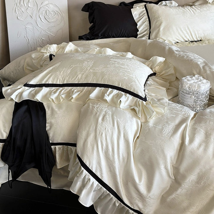Luxurious cotton satin bedding set with jacquard texture, ruffles, and contrasting piping
