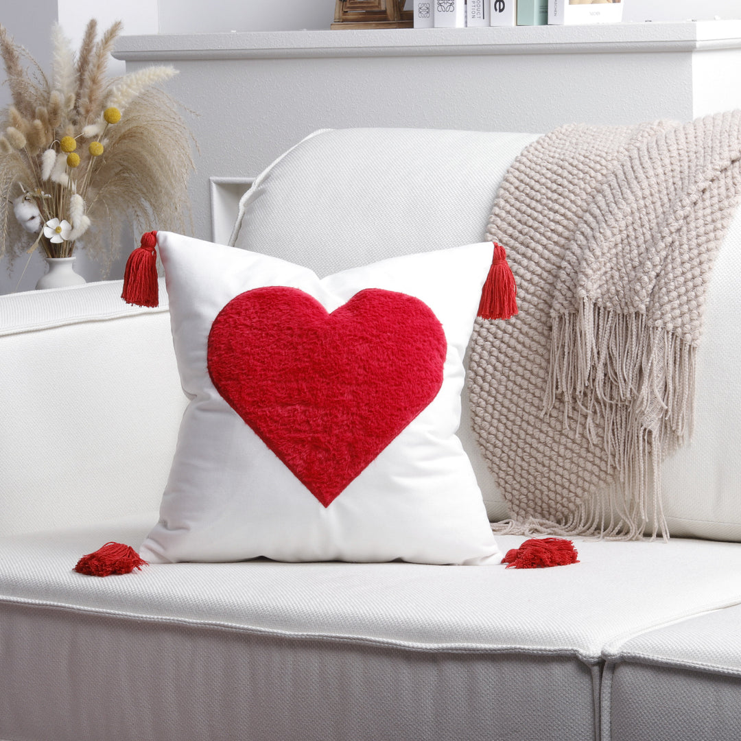Plush Heart Appliqué Tassel Corner Decorative Throw Pillow Cover