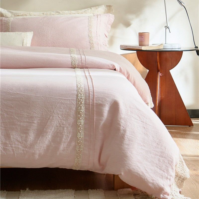 High-quality linen bedding set with handcrafted crochet lace, box pleats, and integrated bed skirt