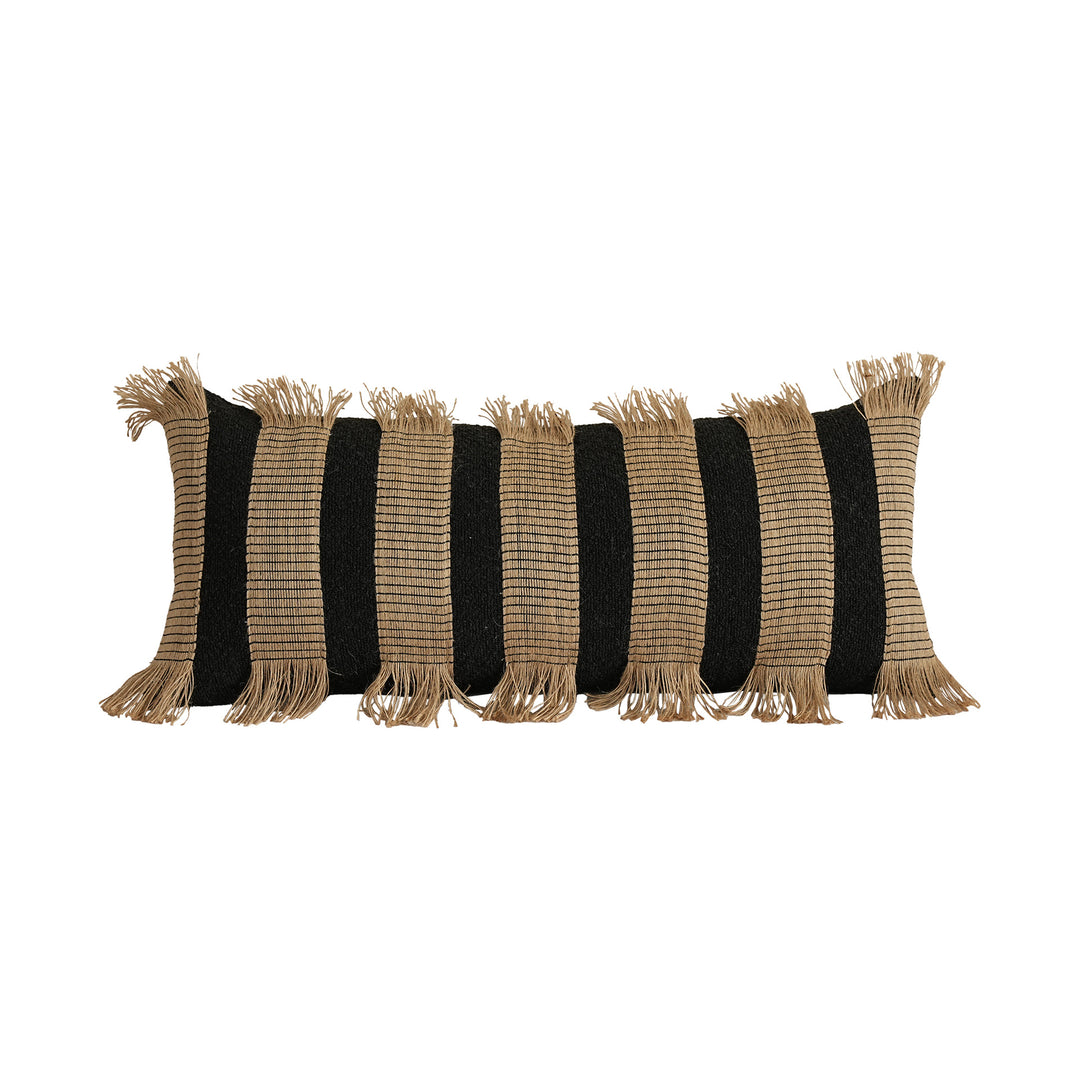 Rectangular boucle decorative pillow with hand-woven jute stripes and long fringes