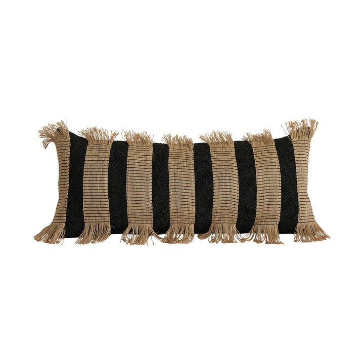Rectangular boucle decorative pillow with hand-woven jute stripes and long fringes