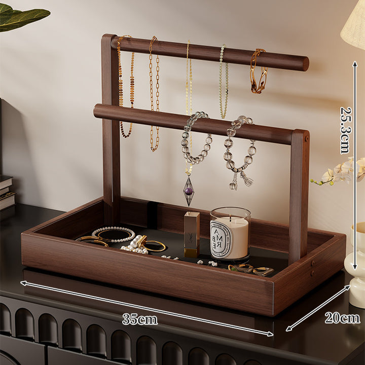 Tiered Wooden Jewelry and Watch Organizer with Tray and Hanging Rods