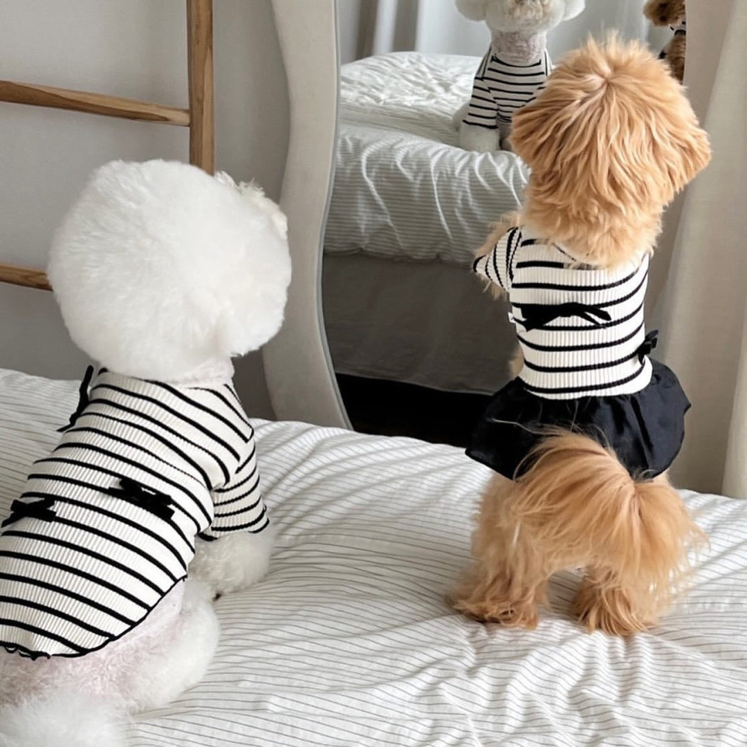 Ribbed Striped Knit Pet Dress with Ruffle Skirt &  Accent