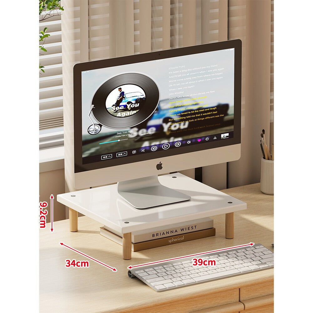 Compact Elevated Monitor Riser Stand with Wooden Legs and Under-Storage