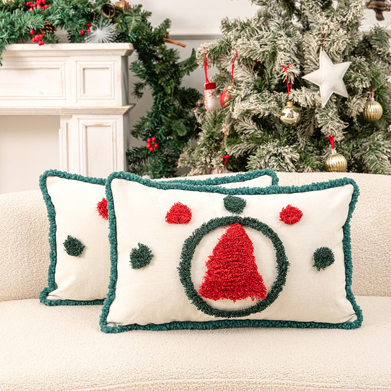Christmas Lumbar Decorative Throw Pillow Set with Tufted Holiday Ornament and Pom Accent