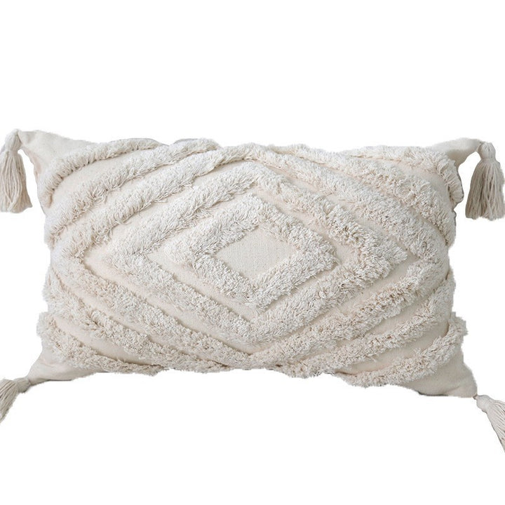 Bohemian Tufted Cotton Lumbar Throw Pillow with Clustered Fringe Texture and Corner Tassels